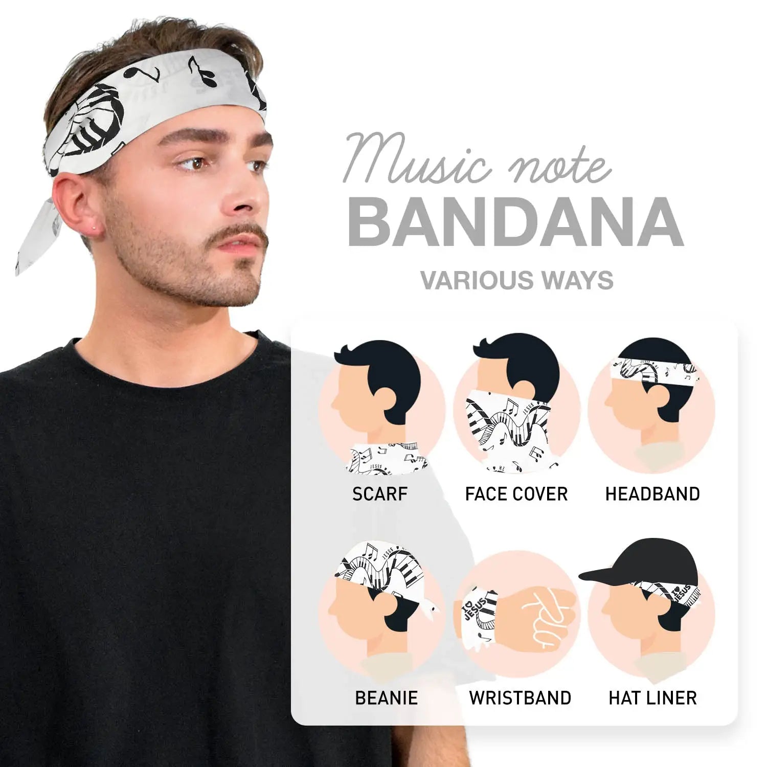 Close-up of man wearing musical clef note cotton bandana from 4-Piece Set.