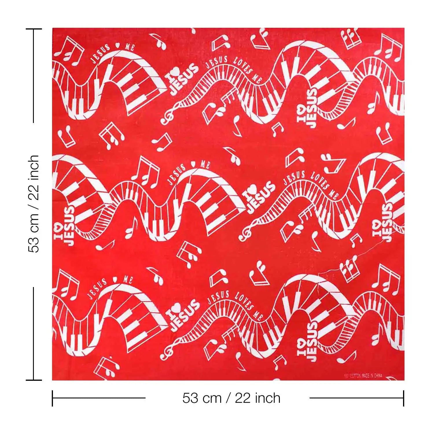 Red and white abstract pattern on a red background showcased in the 4-Piece Musical Clef Note Cotton Bandana Set.