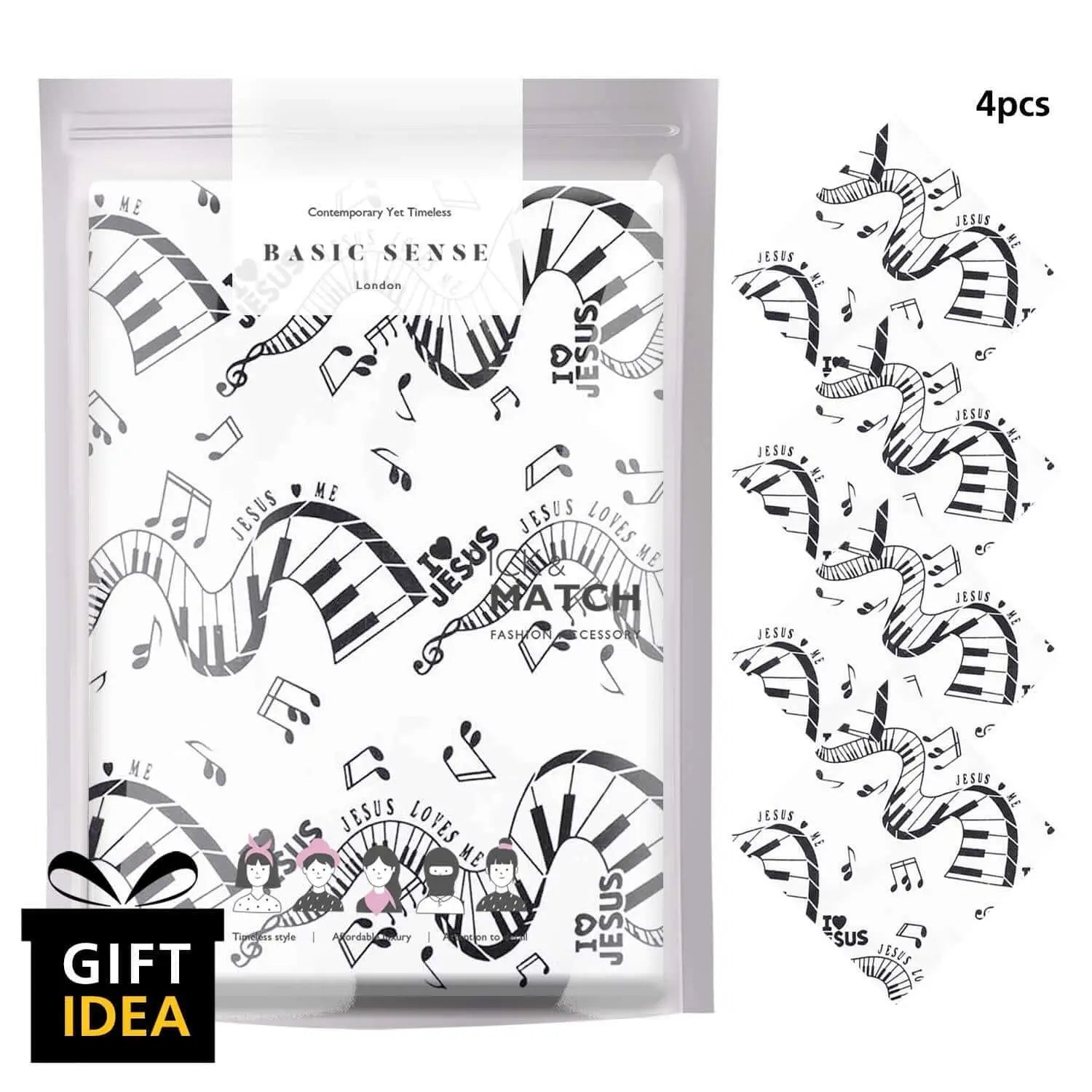 Black and white zebra print bandanas in a 4-Piece Musical Clef Note Cotton Bandana Set.