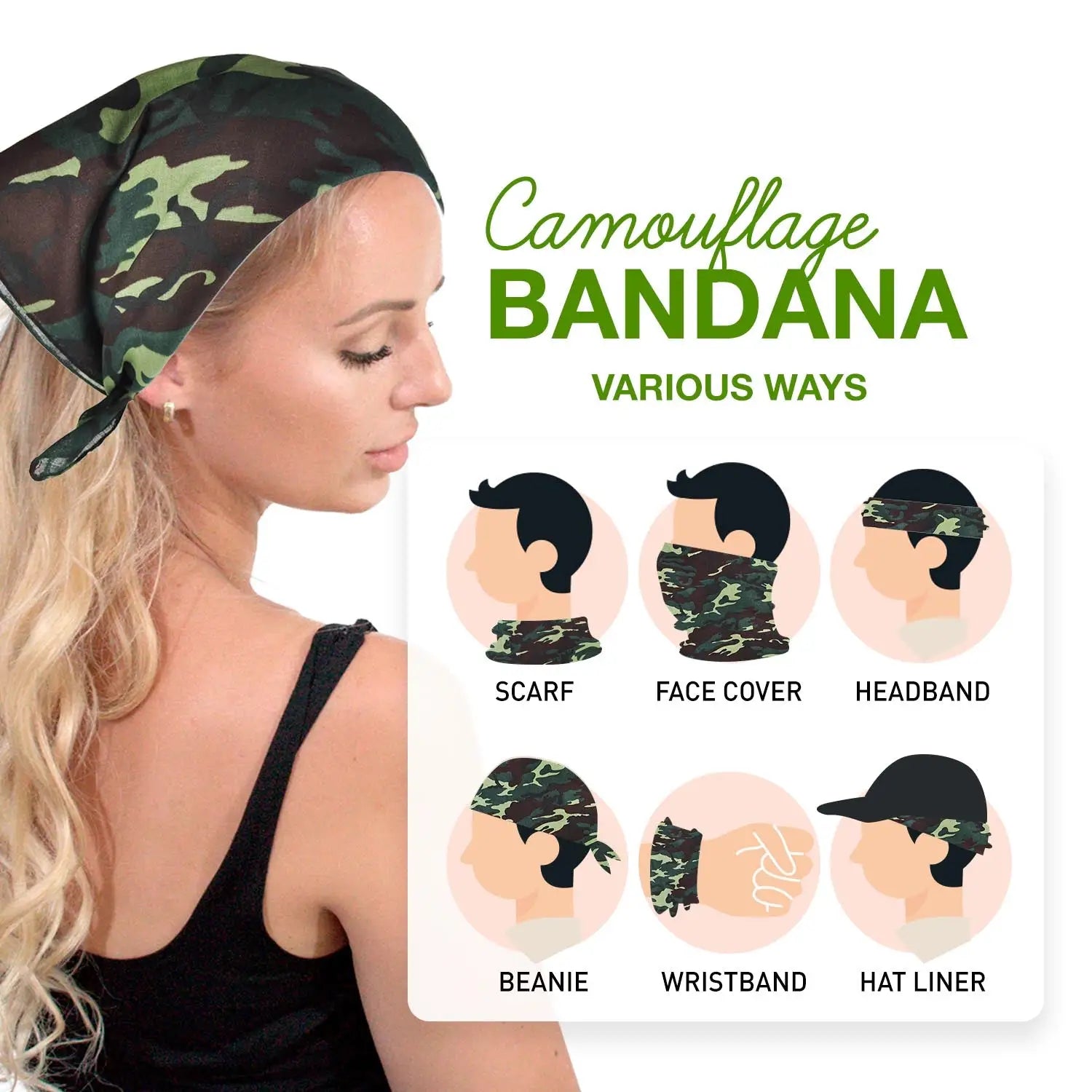 6-Pack Camouflage Military Bandana Hair Wrap - 100% Cotton