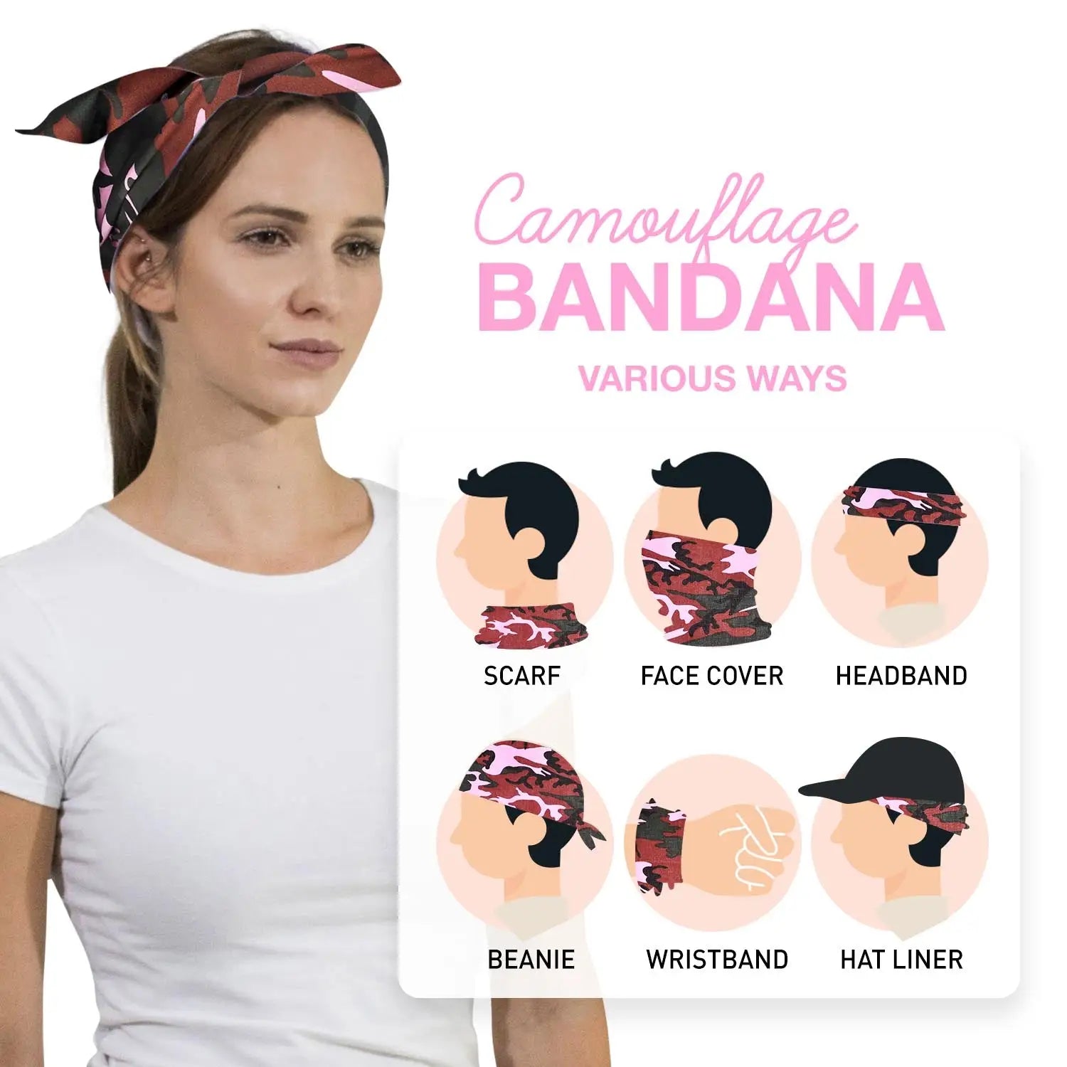 6-Pack Camouflage Military Bandana - Woman with Various Hair Types
