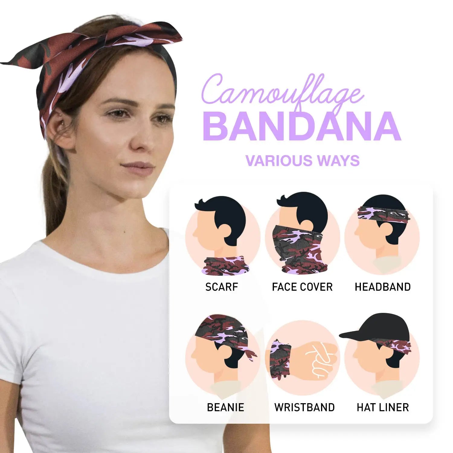 6-Pack Camouflage Military Bandana - 100% Cotton: Woman wearing a bandana on her head