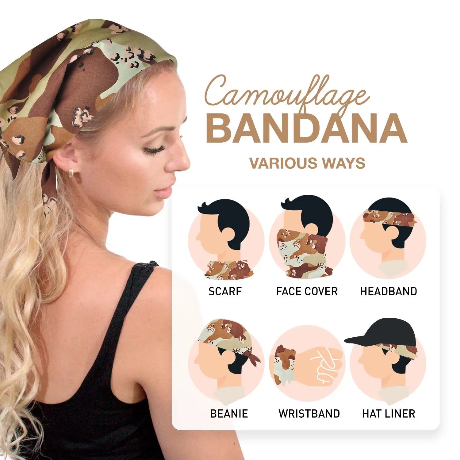 6-Pack Camouflage Military Bandana Hair Tie - 100% Cotton