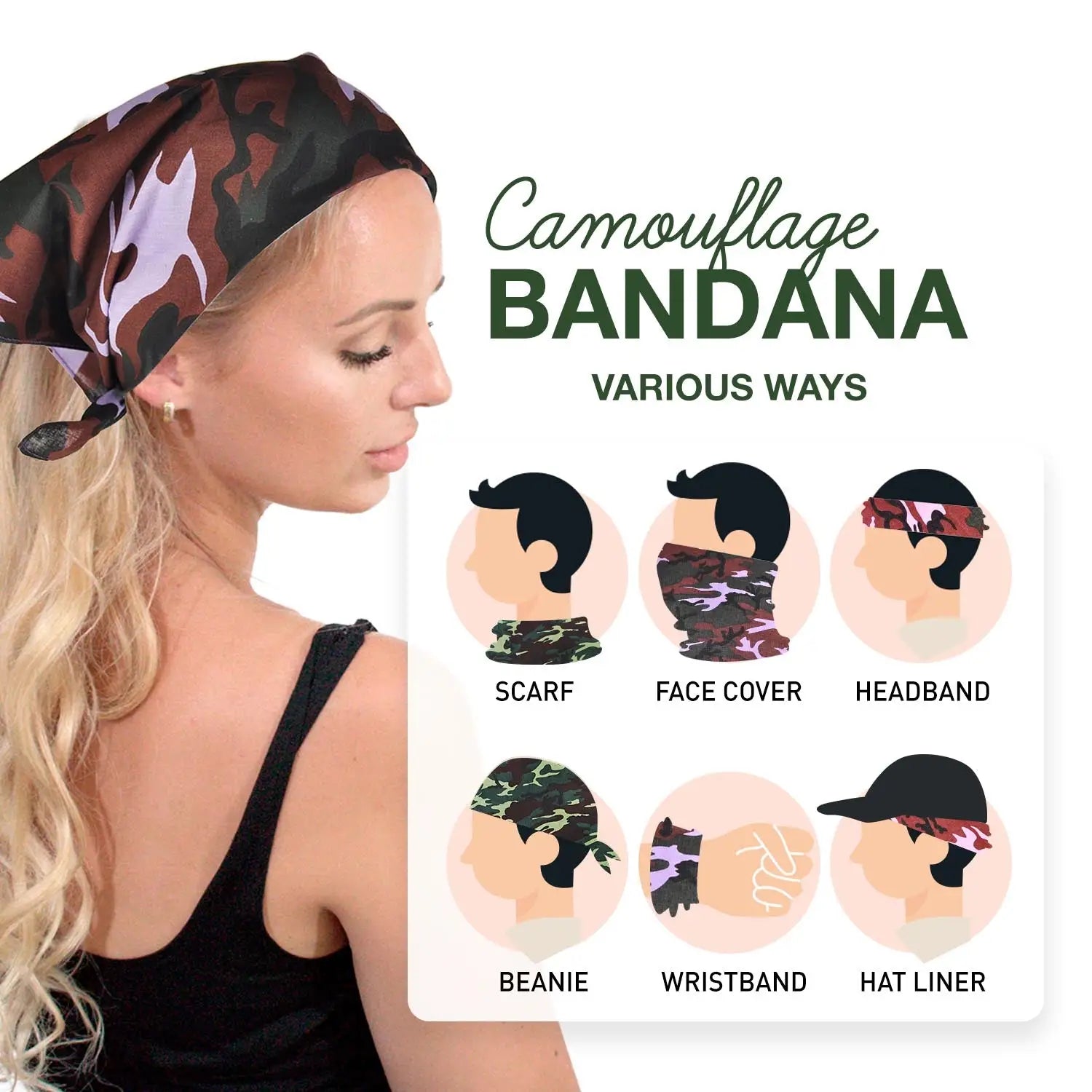 Close up of woman with camouflage military bandana on her head from 6-Pack Camouflage Military Bandana - 100% Cotton.