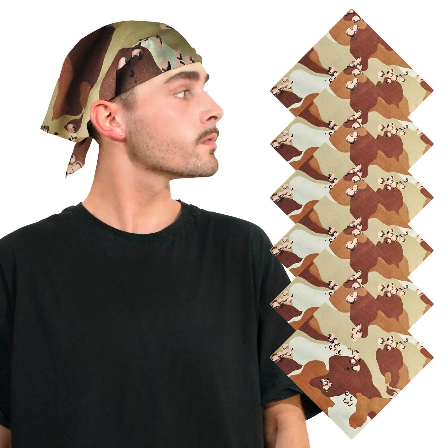 Man wearing camouflage hat and black shirt with 6-Pack Camouflage Military Bandana product.