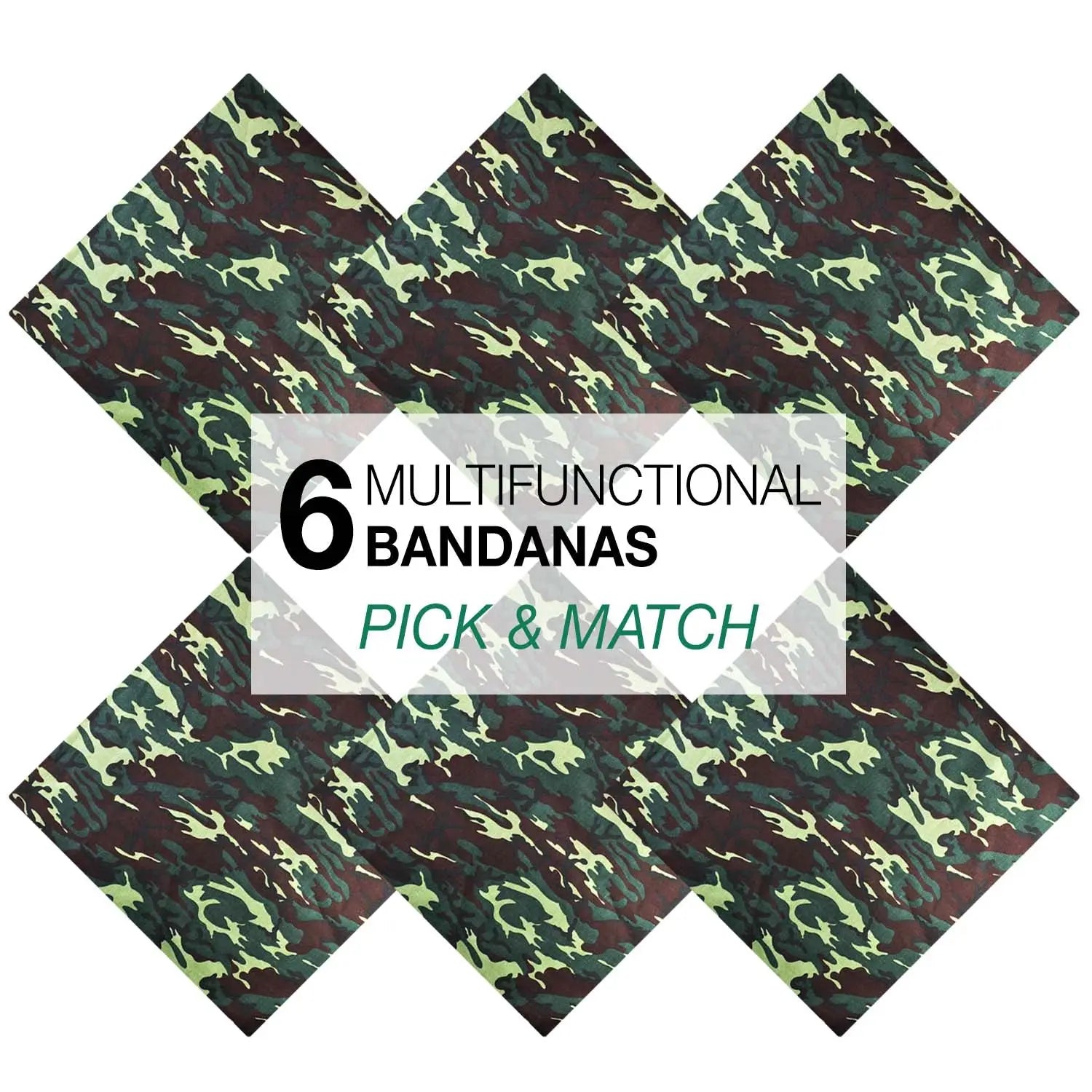 Camouflage military bandana with pack camouflage pattern in top right corner.
