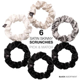 6 skinny small satin hair tie scrunchies arranged in a circle