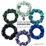 Six satin hair tie scrunchies in various colors and sizes for chic styling.