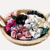 Skinny Satin Scrunchies, Set of 6PCS - close up of wooden bowl filled with hair scrunchies