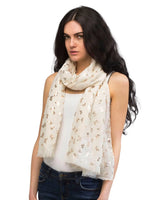 Butterfly print white floral scarf, oversized design with silver foil details