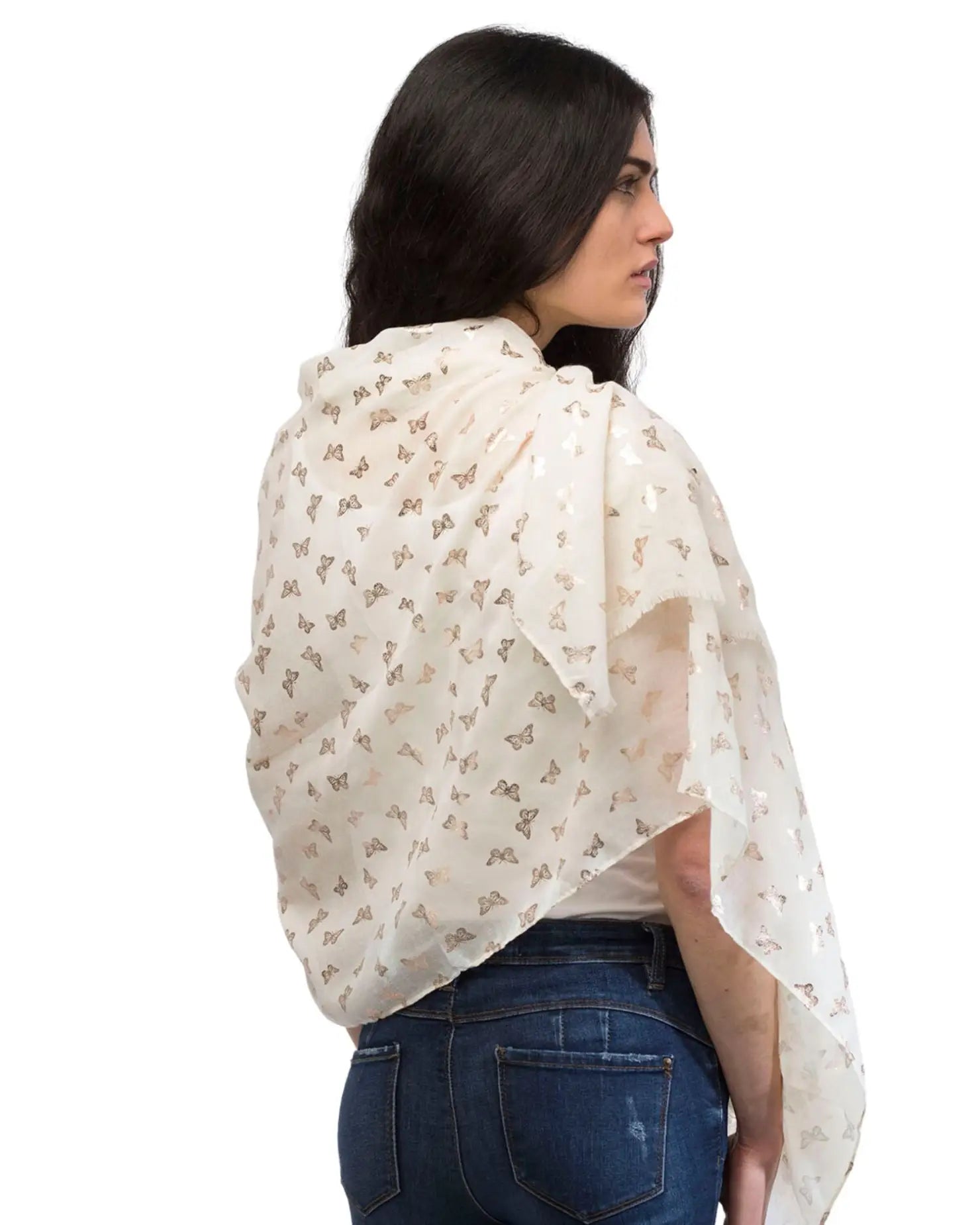 Woman wearing white blouse with floral pattern, Butterfly Print Silver Foil Oversized Scarf