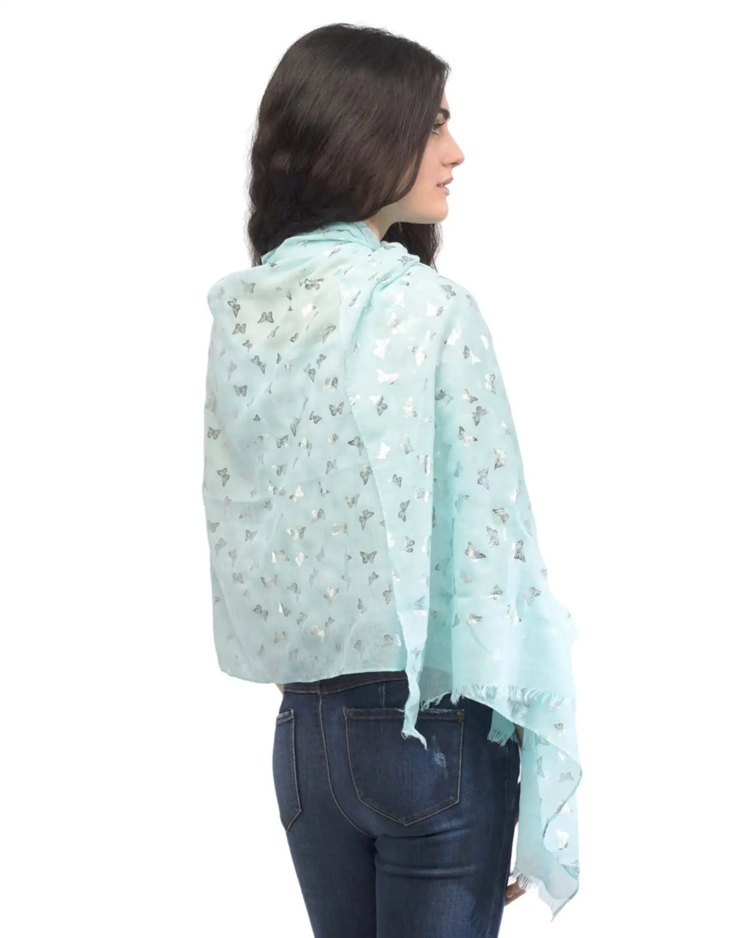Woman wearing blue blouse with star print next to Butterfly Print Silver Foil Oversized Scarf