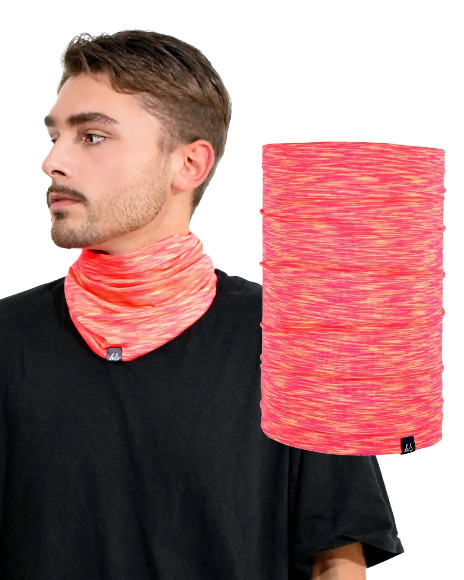 Active performance neck gaiter: man in pink and orange scarf