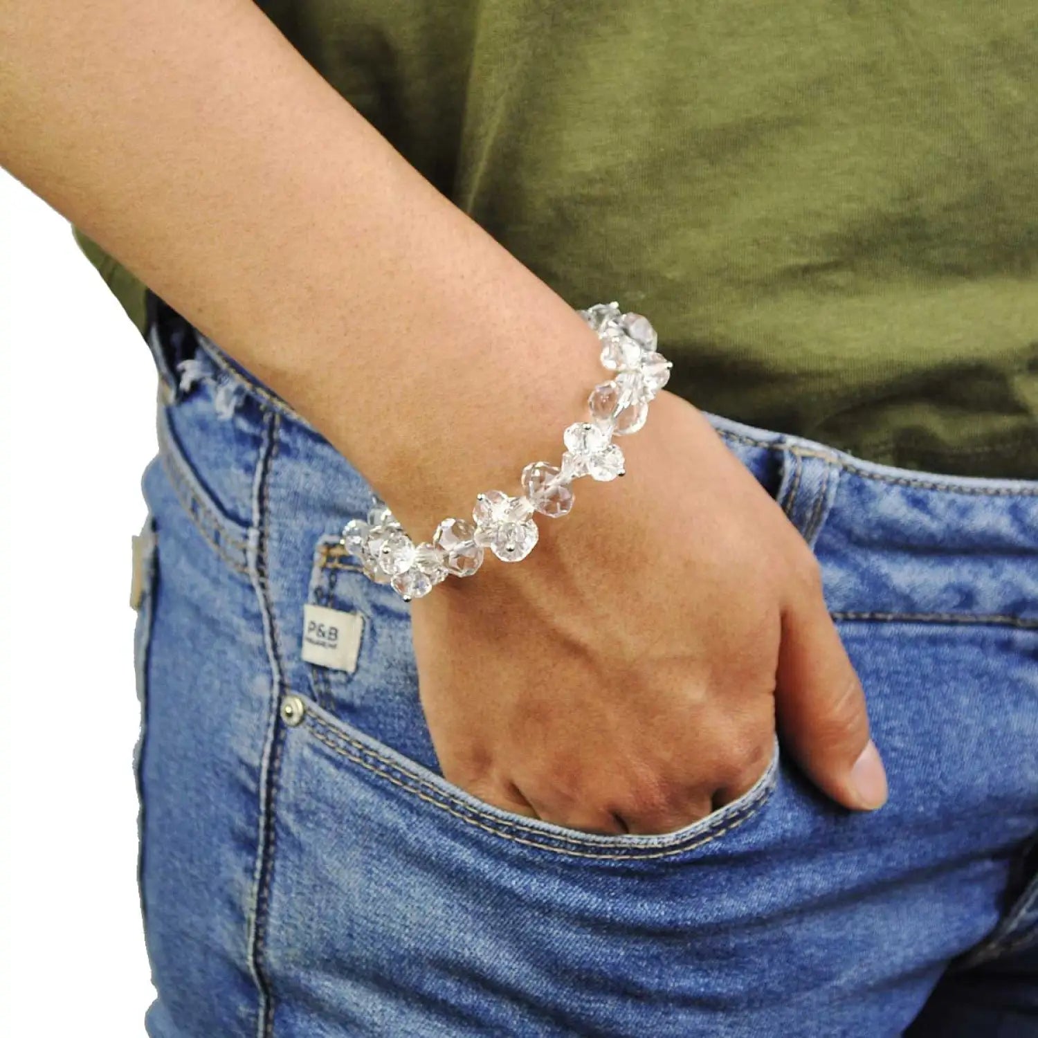 Woman wearing adjustable crystal glass beads stretch bracelet.