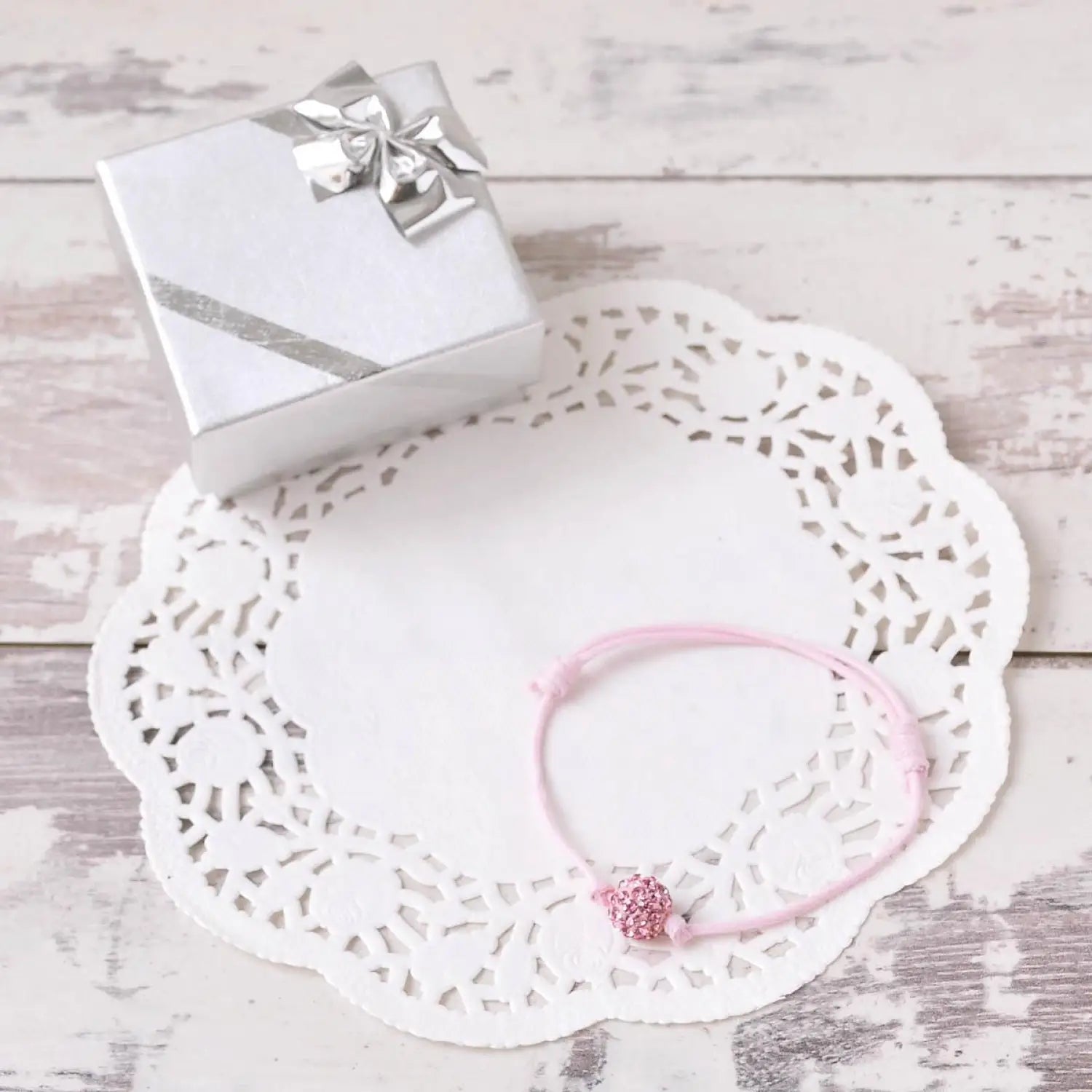 Adjustable Diamante Ball Friendship Bracelet - Cotton Cord Design with Pink Ribbon Embellishment