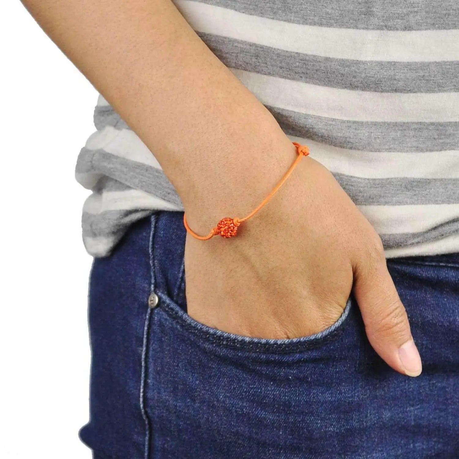 Diamante ball friendship bracelet with orange bow.