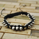 Adjustable Gothic Spike Stud Bracelet with Black Leather and Silver Spikes