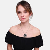 Black top woman wearing Antique Silver Rose Pendant Statement Necklace
