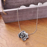 Silver rose pendant necklace on wooden box, Antique Silver Rose Pendant Statement Necklace