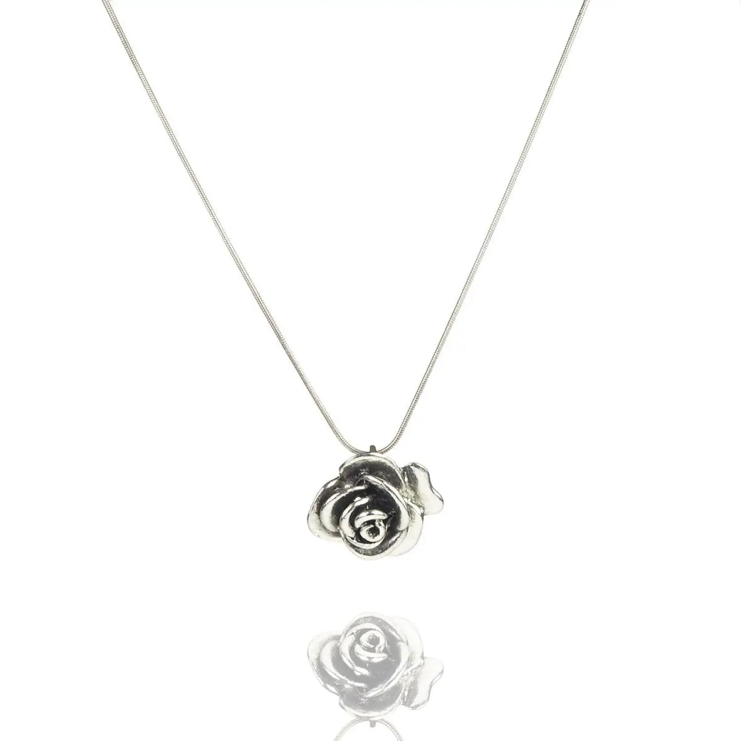 Antique silver rose pendant statement necklace with rose pendant displayed.