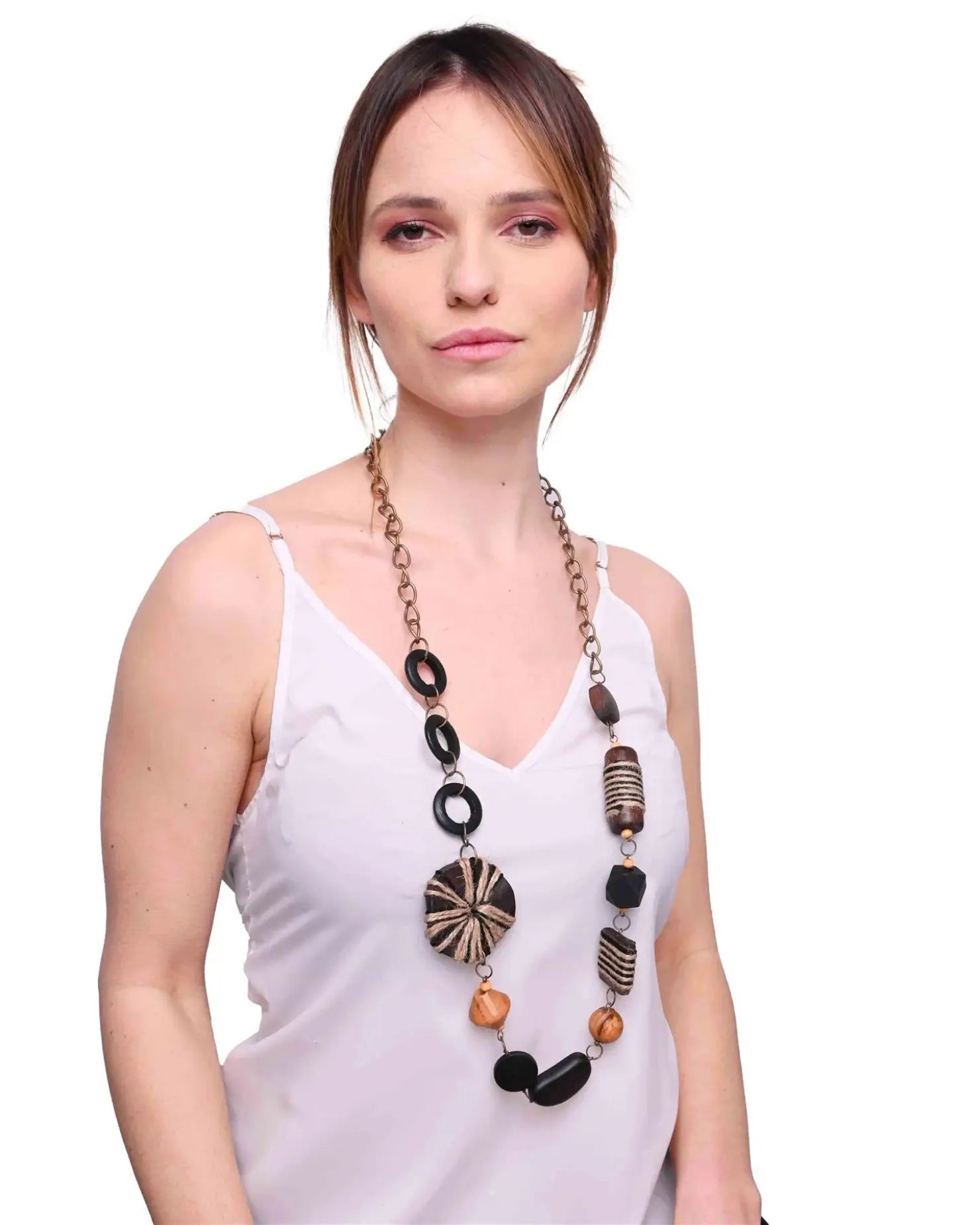 Art Patterned Wooden Beads Long Necklace with Woman wearing Black and White Design.