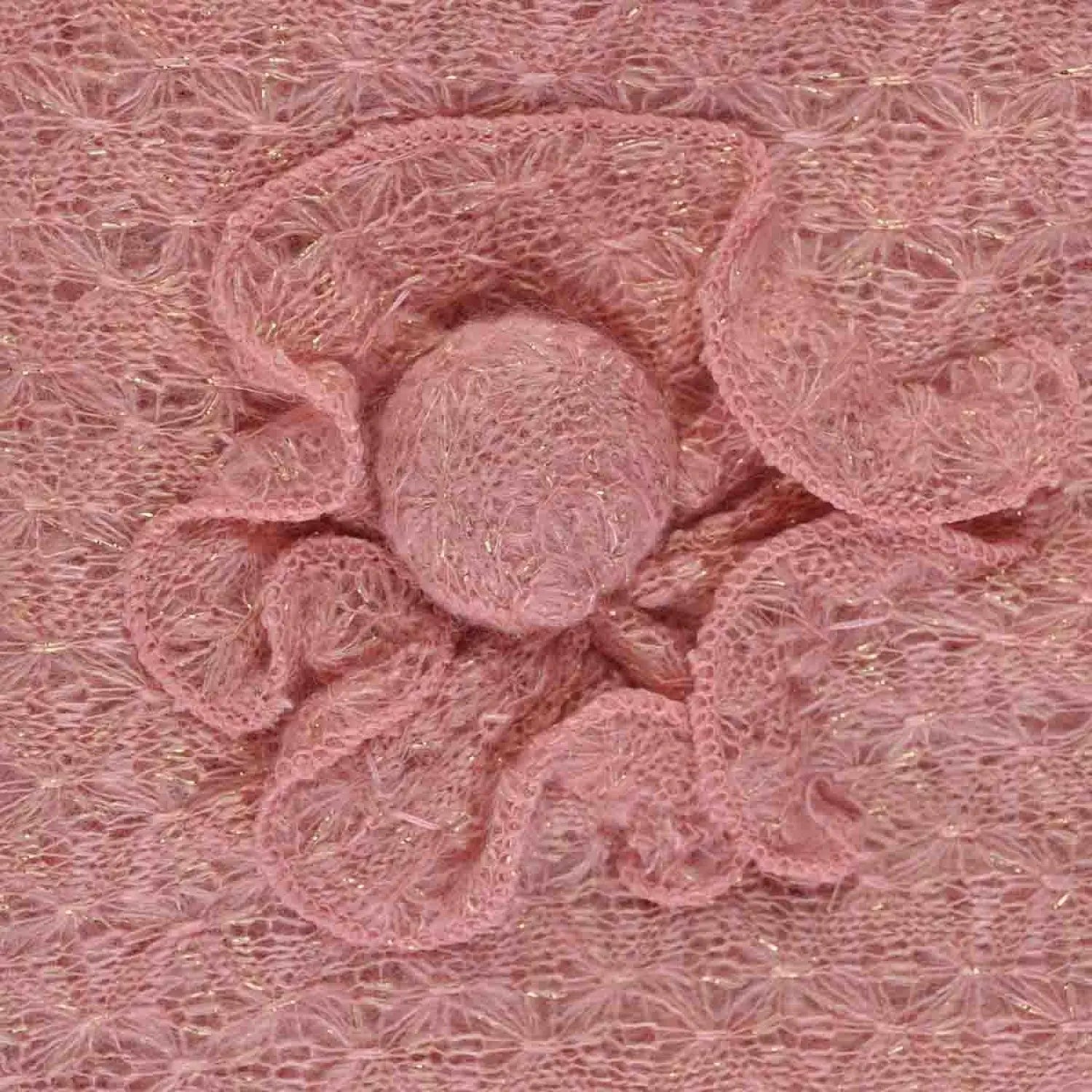 Pink lace fabric scarf with attached flower, knitted shimmering lightweight design