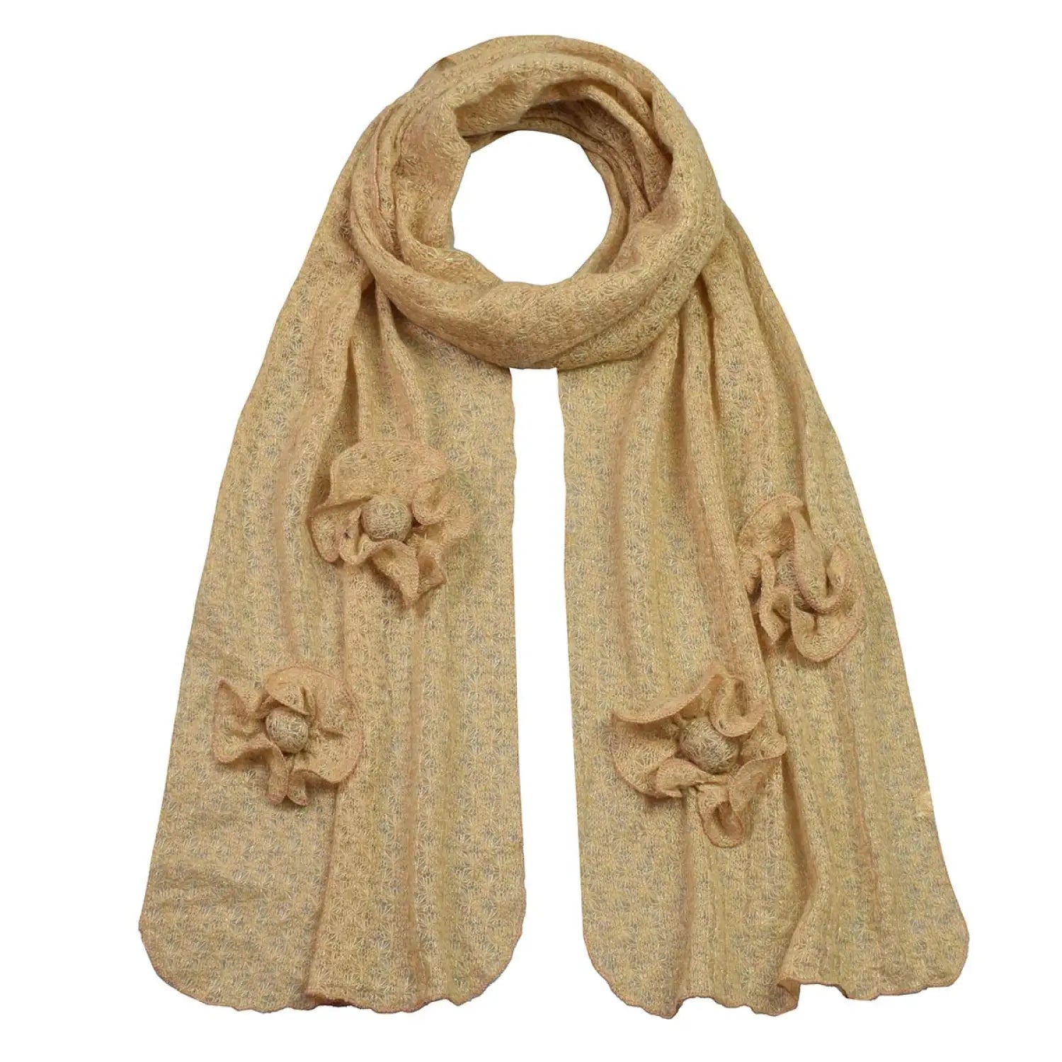 Beige shimmering knitted scarf with flower design