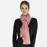Pink scarf with attached flower, knitted shimmering lightweight design