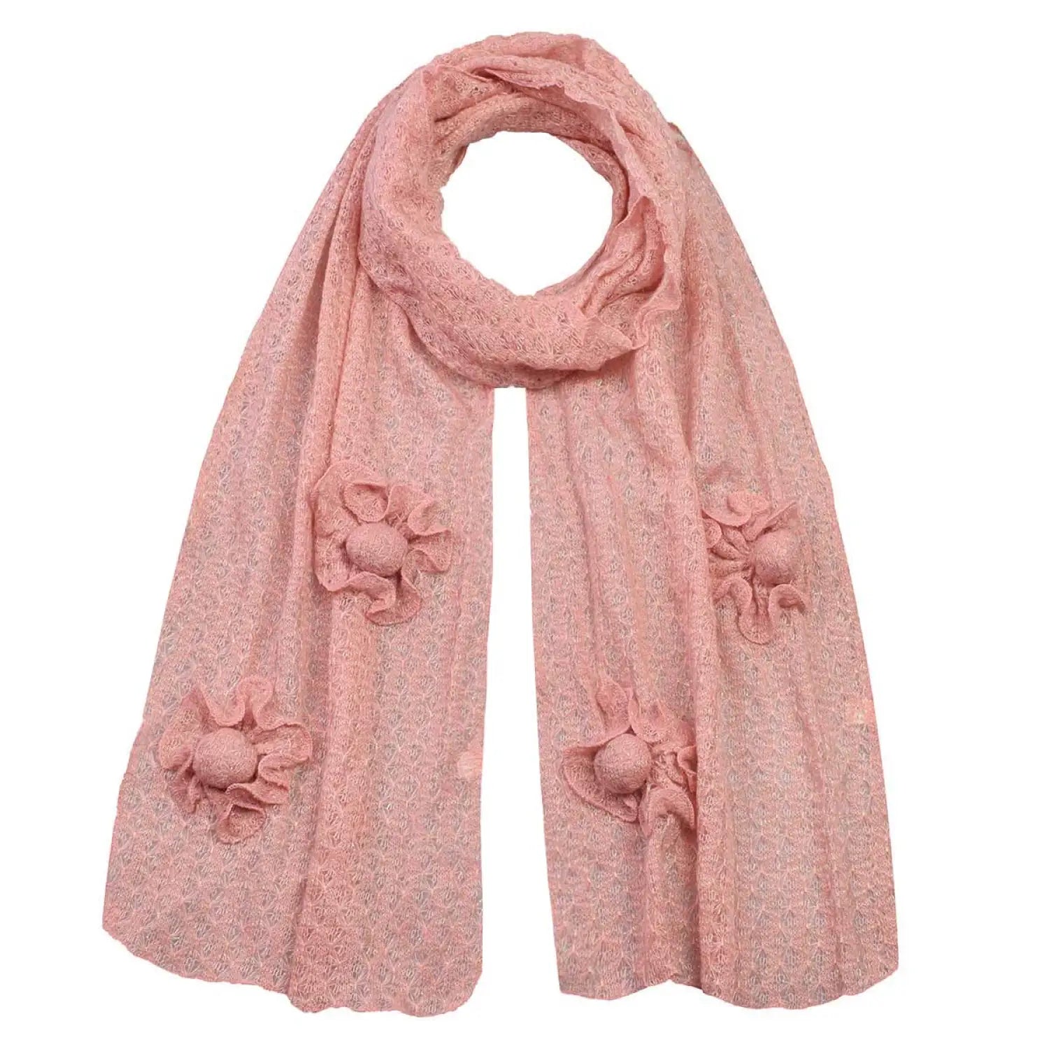Pink knitted scarf with shimmering flower pattern, from Attached Flower Knitted Shimmering Lightweight Scarf.