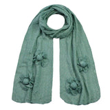 Green knitted scarf with shimmering flowers - Attached Flower Knitted Scarf