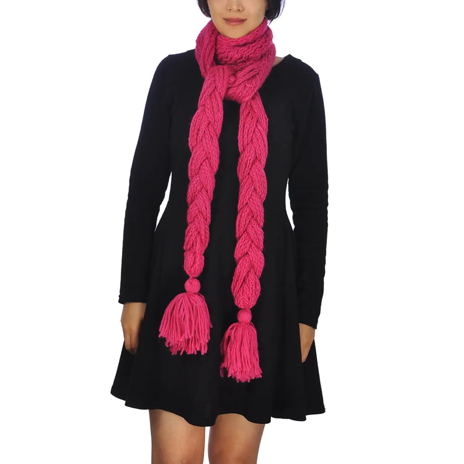 Oversized long plait knitted scarf, woman in black dress & pink scarf
