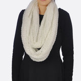 Woman wearing white scarf in Autumn Winter Soft Knitted Snood Scarf.