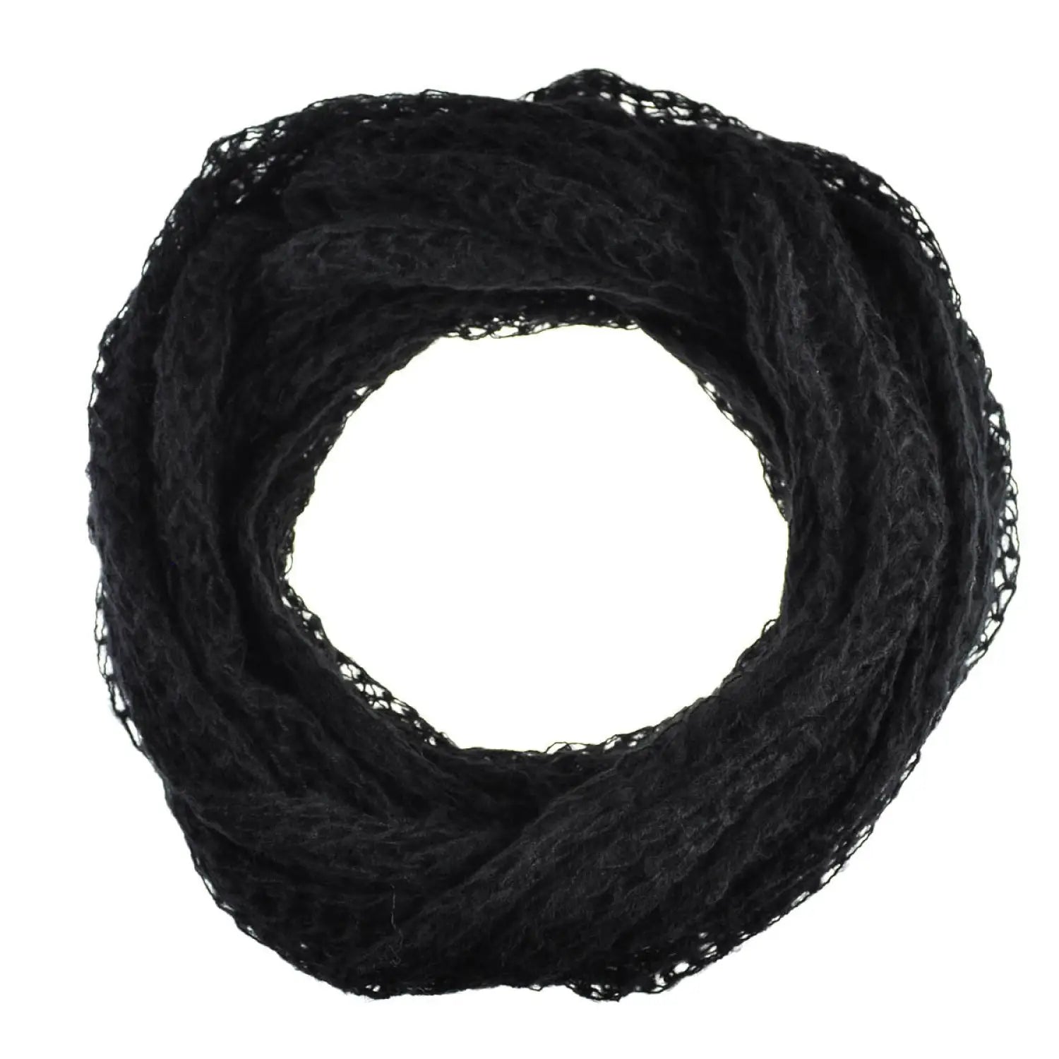 Black soft knitted snood scarf on white background