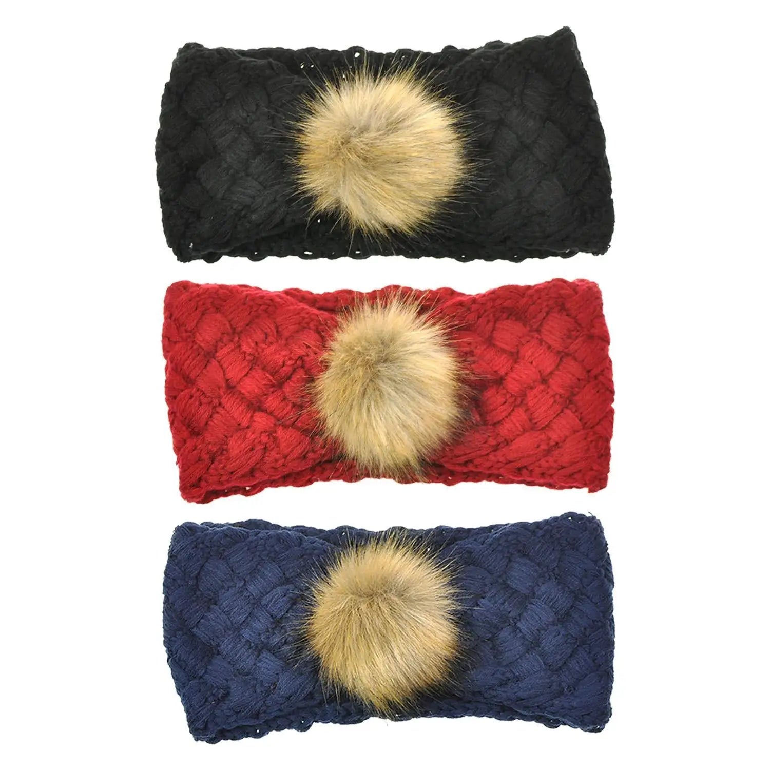 Basic Sense Women Winter Warm Diagonal Weave Cable Knit Headband with Faux Fur Pom Pom Wrap Ear Warmer Winter sports Ski Slope - Hair Ties