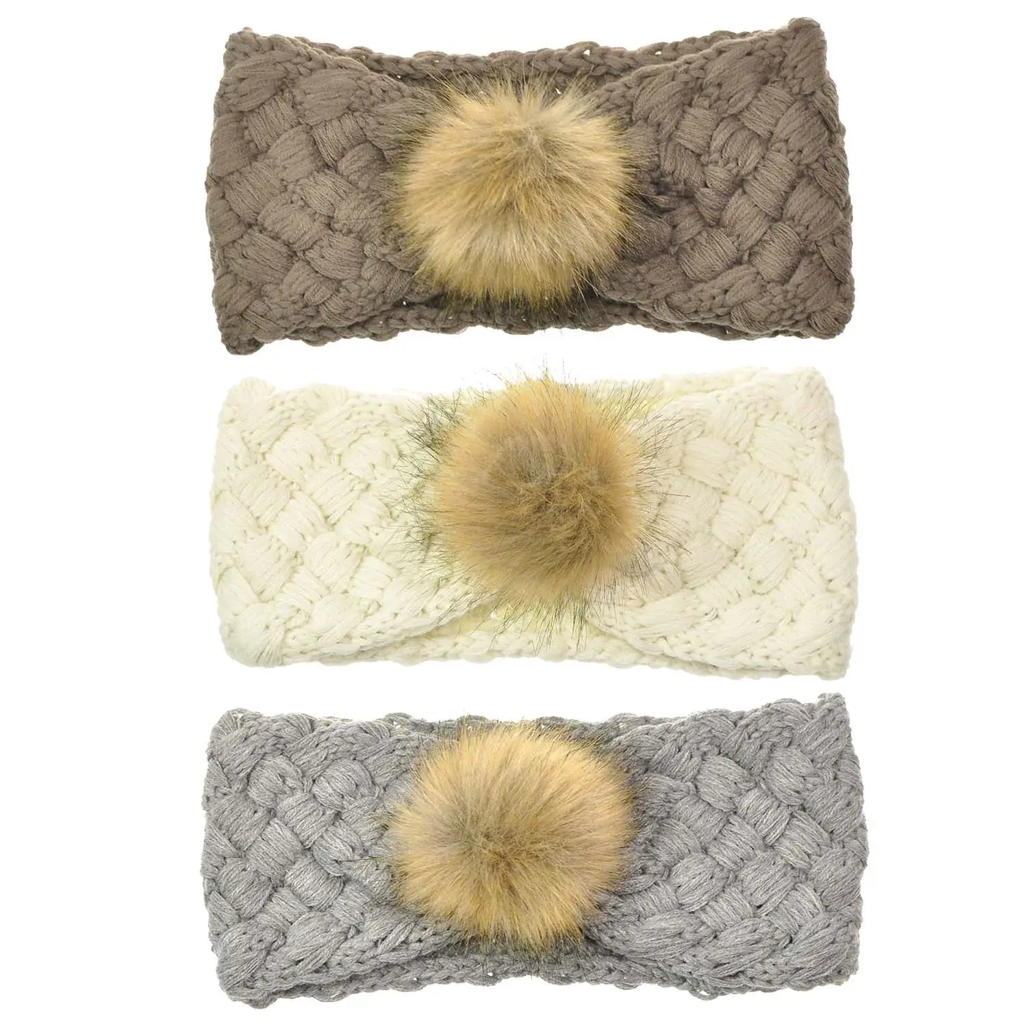 Basic Sense Women Winter Warm Diagonal Weave Cable Knit Headband with Faux Fur Pom Pom Wrap Ear Warmer Winter sports Ski Slope - Hair Ties