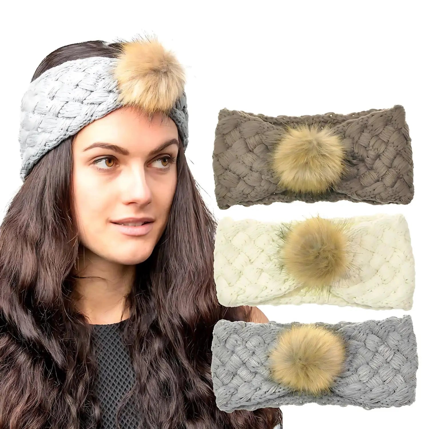 Basic Sense Women Winter Warm Diagonal Weave Cable Knit Headband with Faux Fur Pom Pom Wrap Ear Warmer Winter sports Ski Slope