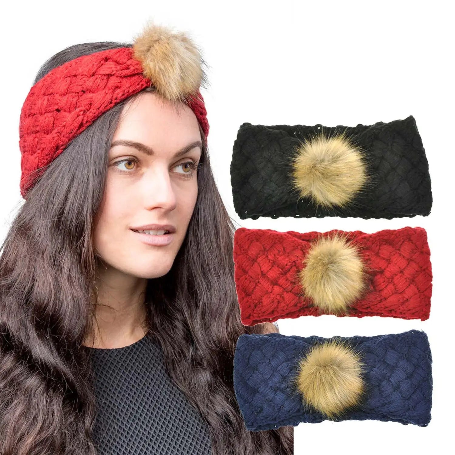 Basic Sense Women Winter Warm Diagonal Weave Cable Knit Headband with Faux Fur Pom Pom Wrap Ear Warmer Winter sports Ski Slope - Hair Ties