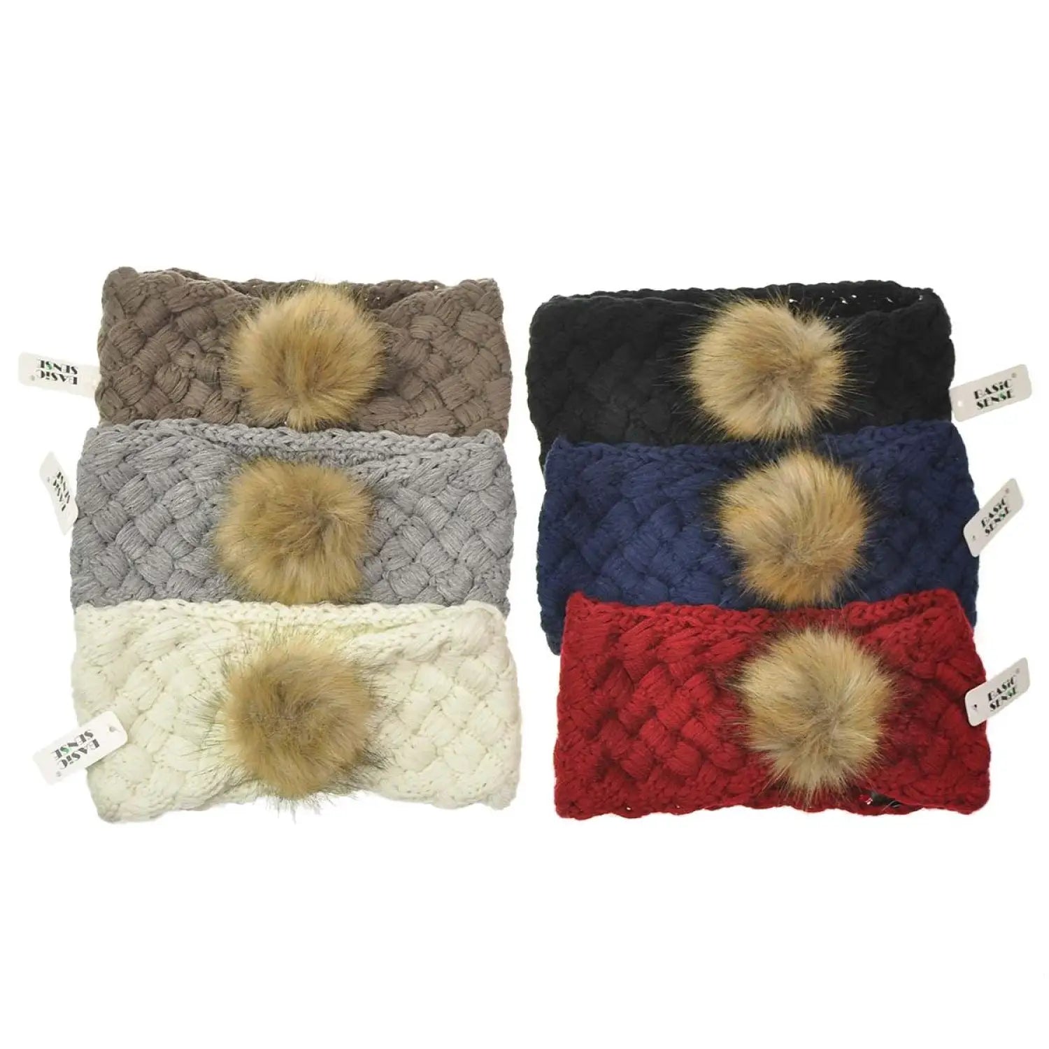 Basic Sense Women Winter Warm Diagonal Weave Cable Knit Headband with Faux Fur Pom Pom Wrap Ear Warmer Winter sports Ski Slope - Hair Ties