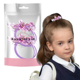 Young girl with pink bow and bag of hair wearing Beaded Hair Elastics for Kids - Double Elastic Bobbles.