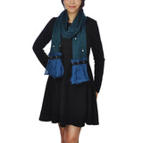 Woman wearing bohemian retro ruffle scarf in black dress