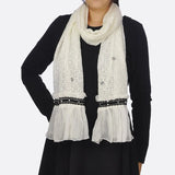 Bohemian retro ruffle scarf with woman in black top.