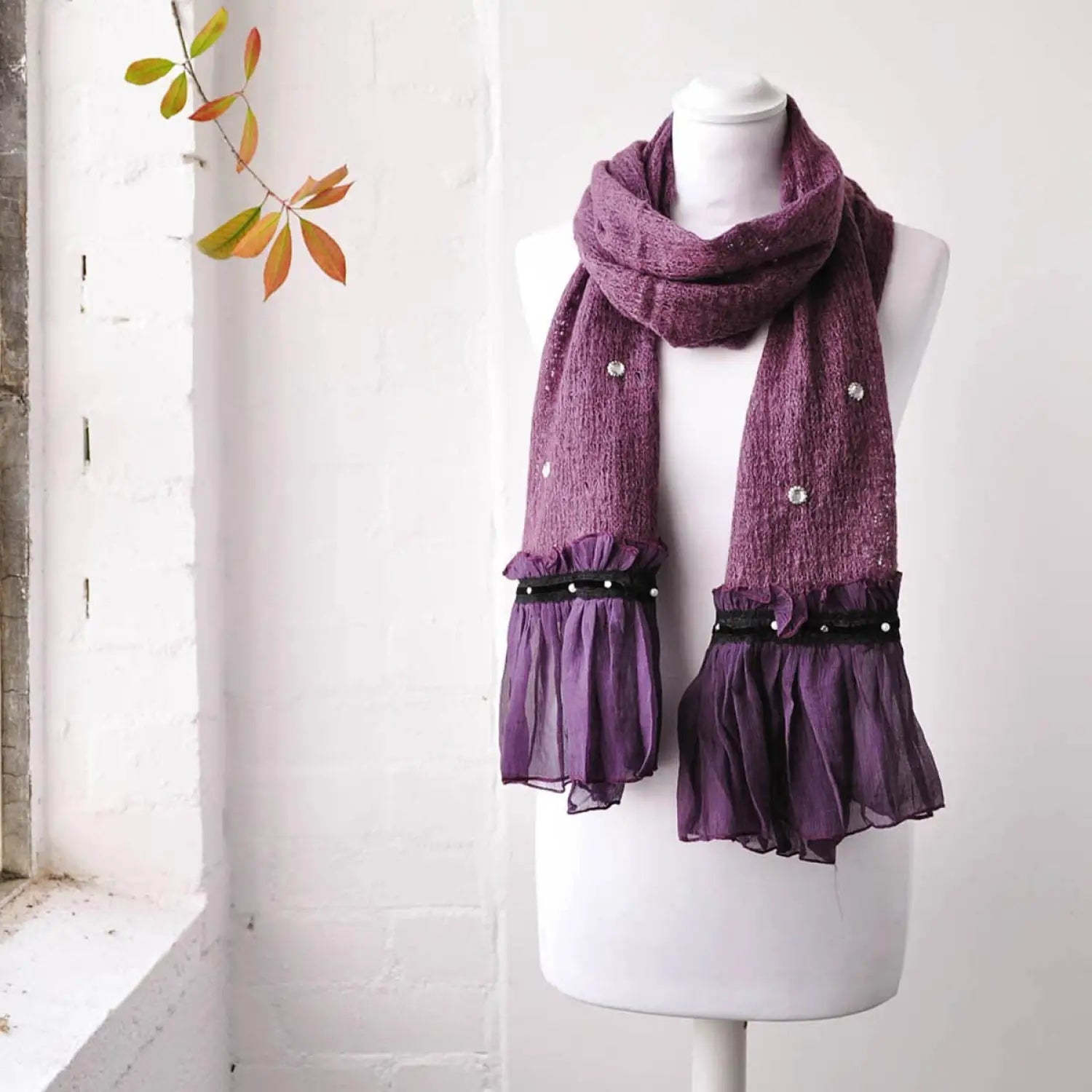 Bohemian retro ruffle purple scarf on mannequin dummy