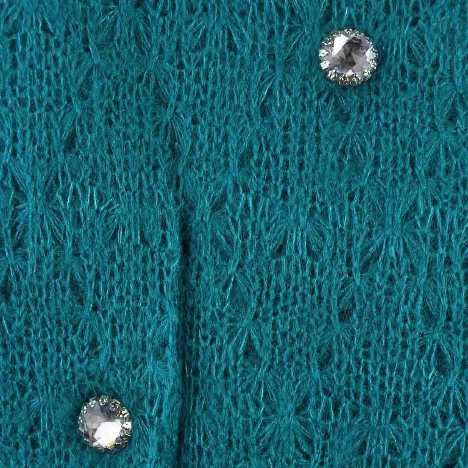 Close-up of green sweater with buttons from Bohemian Retro Ruffle Winter Knitted Frilled Maxi Scarf.