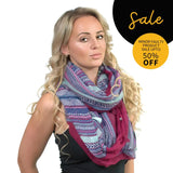 Boho Aztec Multi Coloured Snood Neck Warmer Infinity Tube Scarf - Woman wearing purple and blue scarf