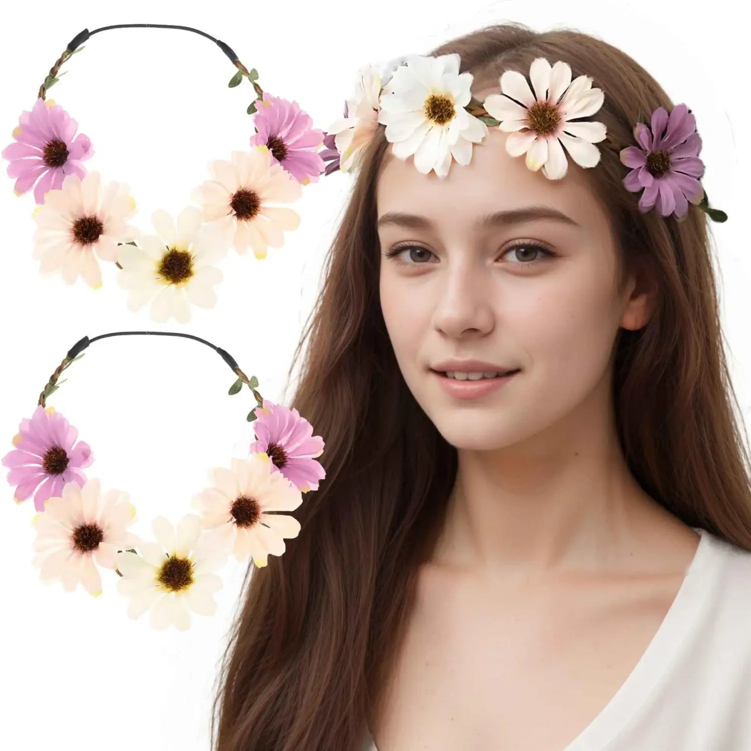 Boho Daisy Floral Headband Elastic Wreath - 2pcs Combo - Hair Accessory Set