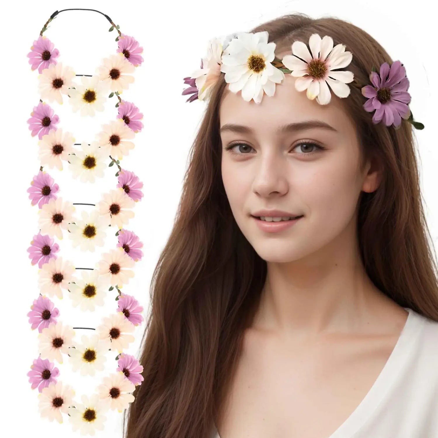Boho Daisy Floral Headband Elastic Wreath - 6pcs Combo - Hair Accessory Set