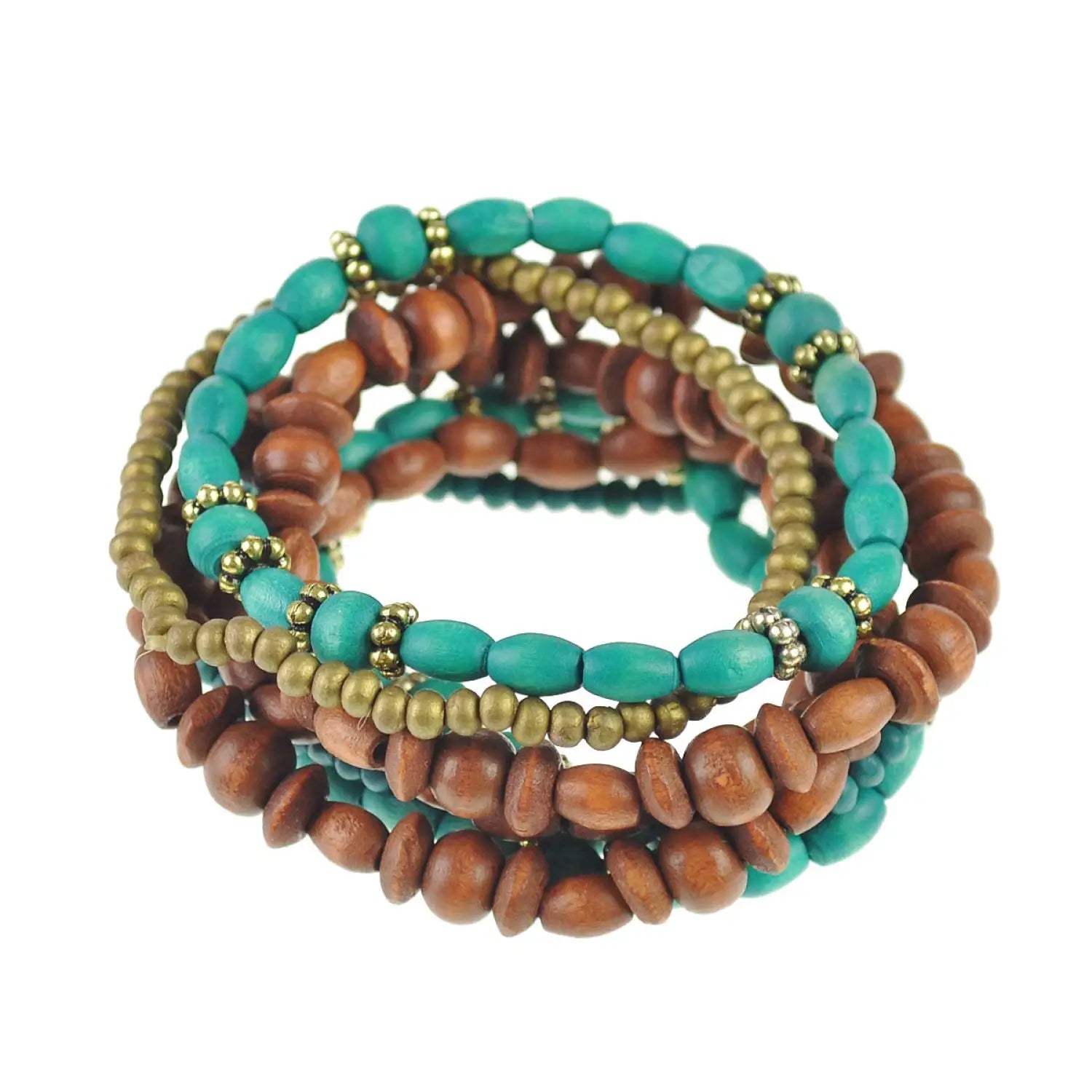 Boho turquoise beads multi-layered bracelet with brown beads