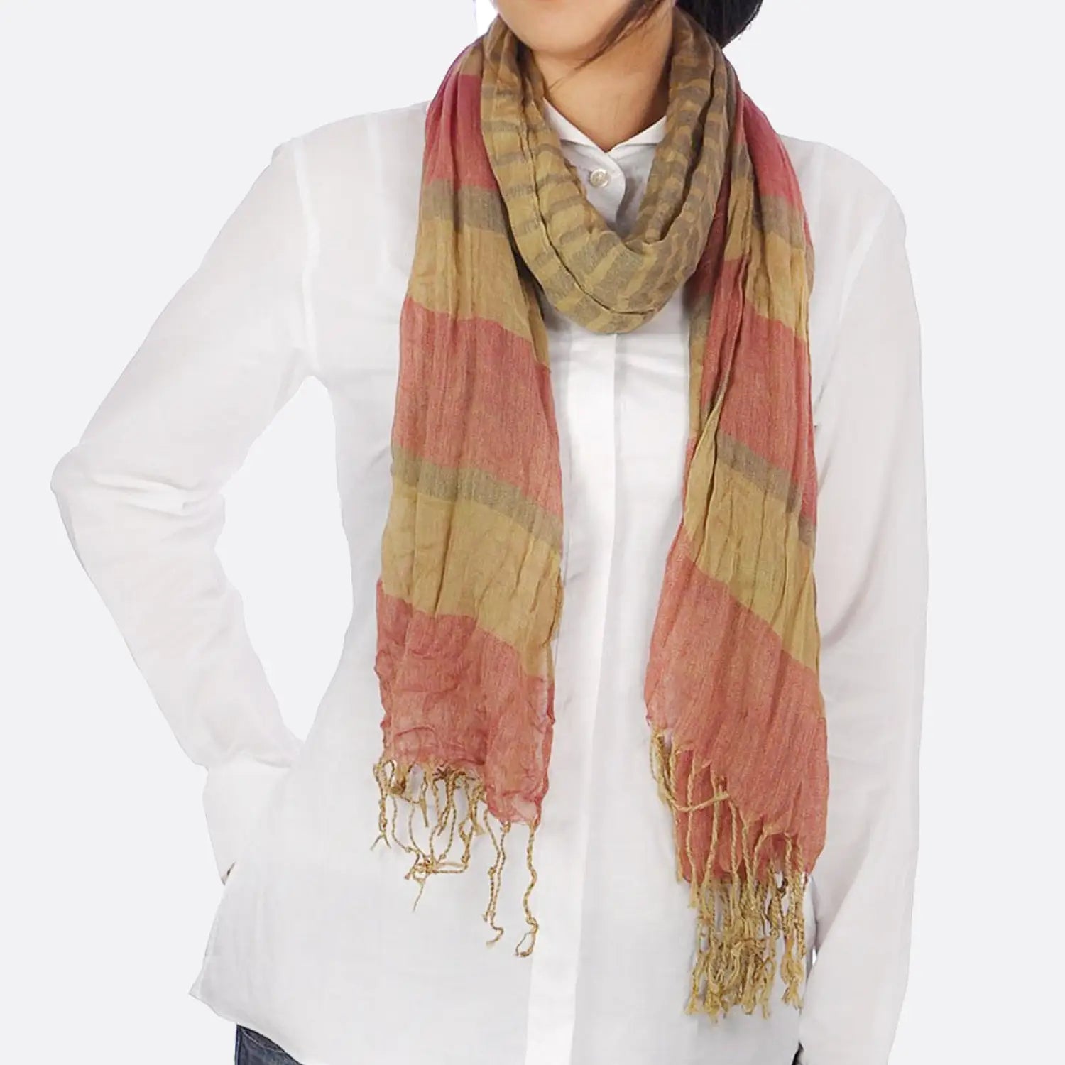 Bold striped crinkled scarf on woman