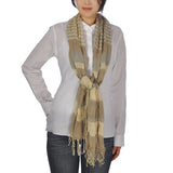 Woman wearing Bold Striped & Textured Scarf with Tassels