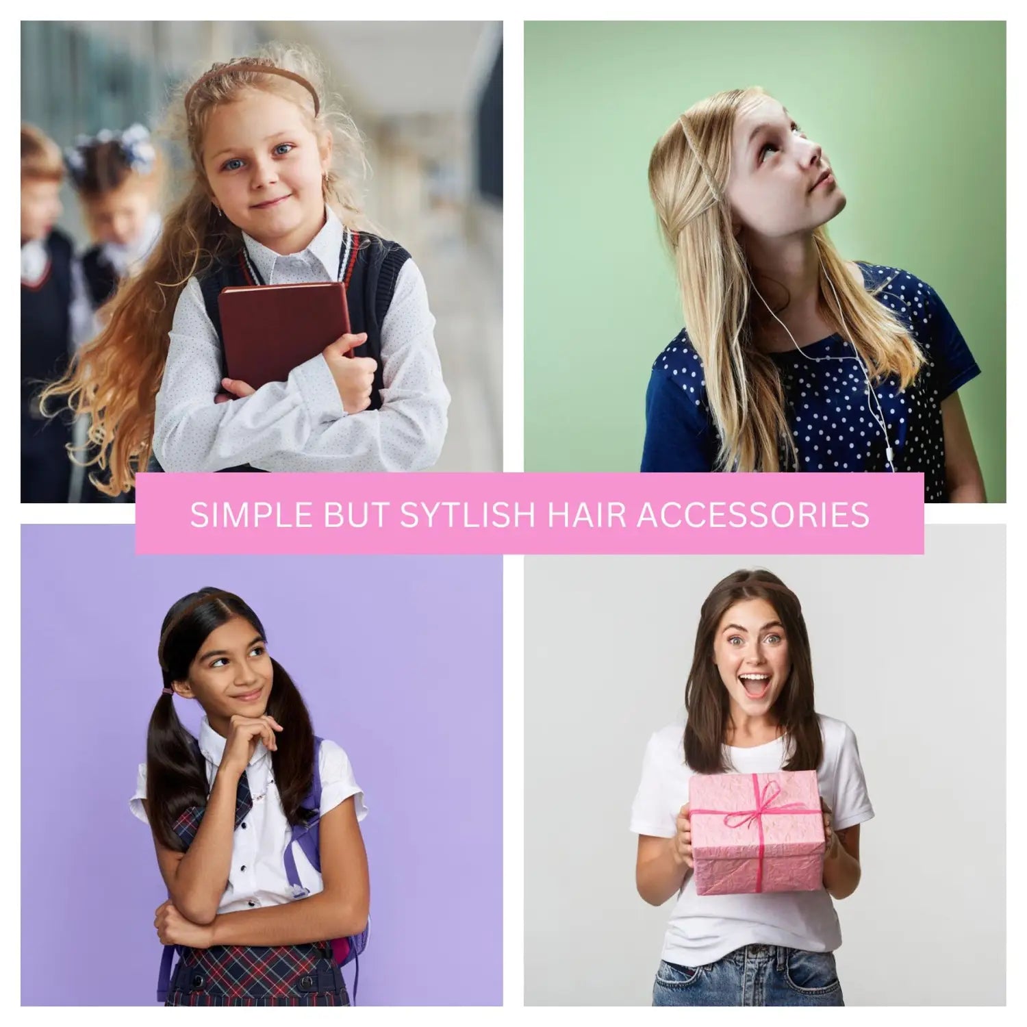Four girls showcasing different expressions wearing Braided PU Leather Skinny Headbands Alice Hairband